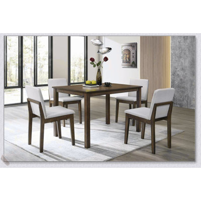 Ensemble de salle à manger 5 pièces en noyer foncé avec chaises en tissu beige, placage en bois d'hévéa durable pour les maisons modernes et traditionnelles