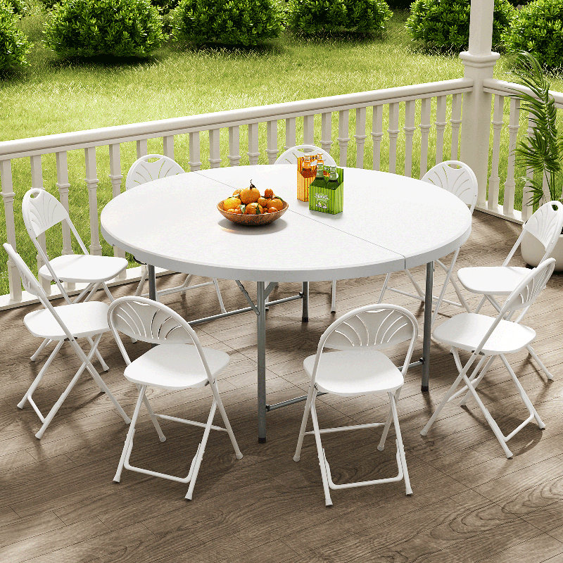 Round Foldable Plastic Table Collapsible Circular Steel Frame with Carry Handle, 29.5" H x 66" L x 66" D, White