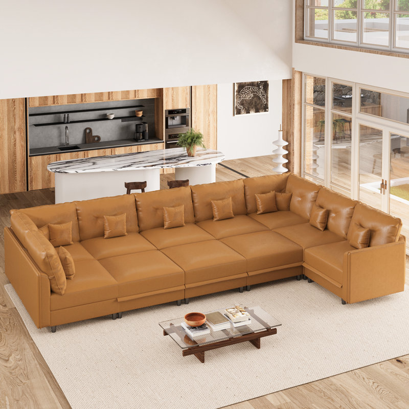 Canapé modulaire avec méridienne avec repose-pieds de 137 po de large Mizuho, Similicuir brun