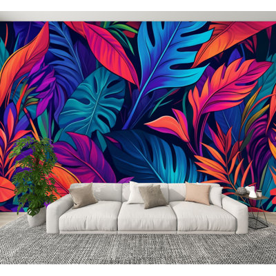 Peel and Stick Wallpaper Vibrant Tropical Leaves Bold Neon Colors Wall Murals 69"H x 96"W Removable PVC Wall Paper Self-Adhesive Wall Decor for Bedroom Living Room Home Office