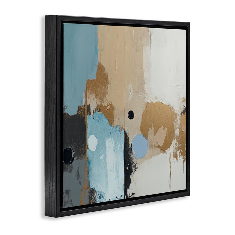 Cadre flottant spéculation abstrait brun et bleu, design par Annabelle Hall, Cadre flottant noir de jais, H 18 po x l 18 po