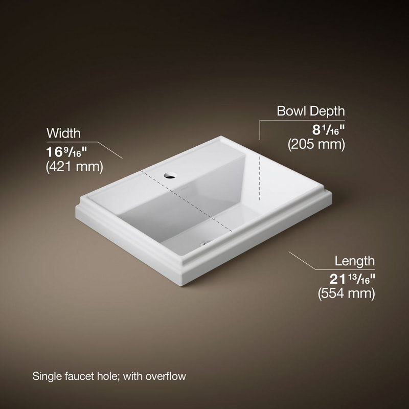 Tresham® Ceramic Rectangular Drop-In Bathroom Sink with Overflow, Biscuit, Single