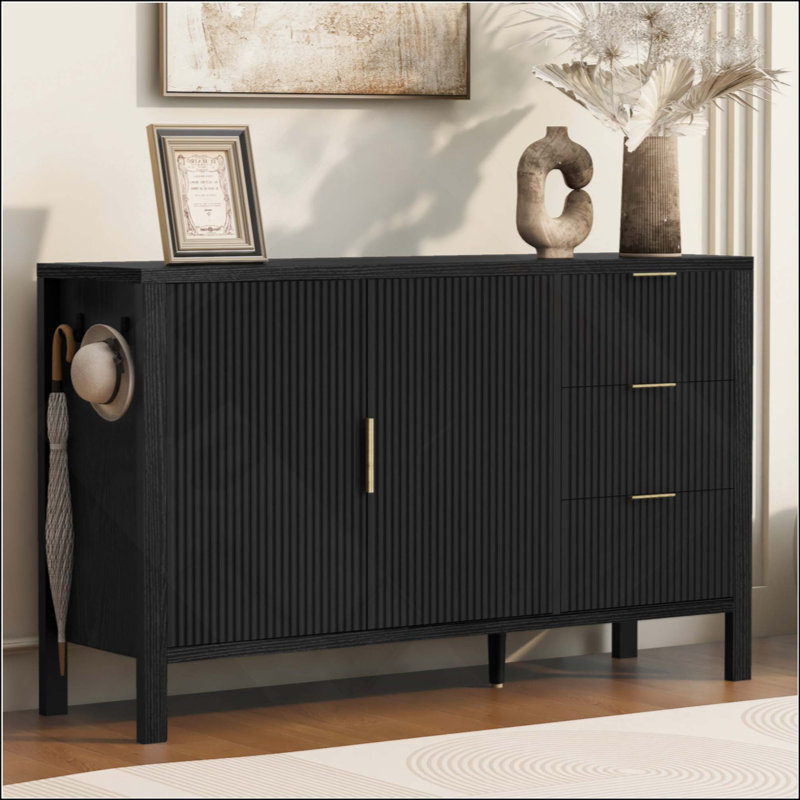 Modern Wave-Pattern Sideboard With 3 Drawers, Large Storage Buffet Cabinet With Hooks And Extra Center Leg,Suitable For Living Room,Entryway,Hallway.
