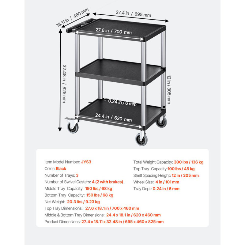 3-shelf Utility Cart 300 lbs 27.6 x 18.1-inch Service Cart with Wheels