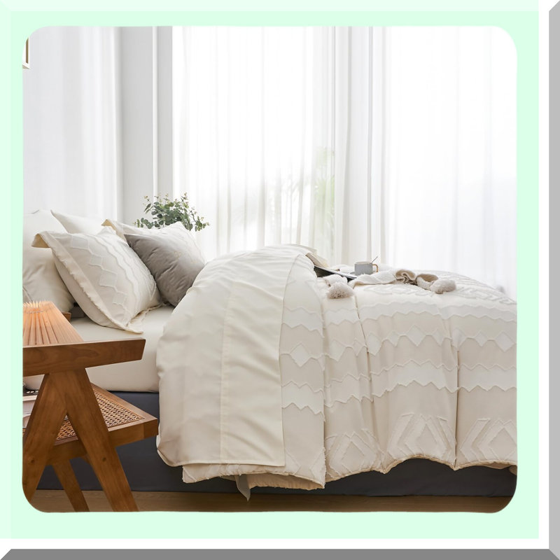 Boho Chic Geometric Queen Bedding Set - 7 Piece Comforter Bed in a Bag with Tufted Embroidery & Microfiber Sheets for All Seasons