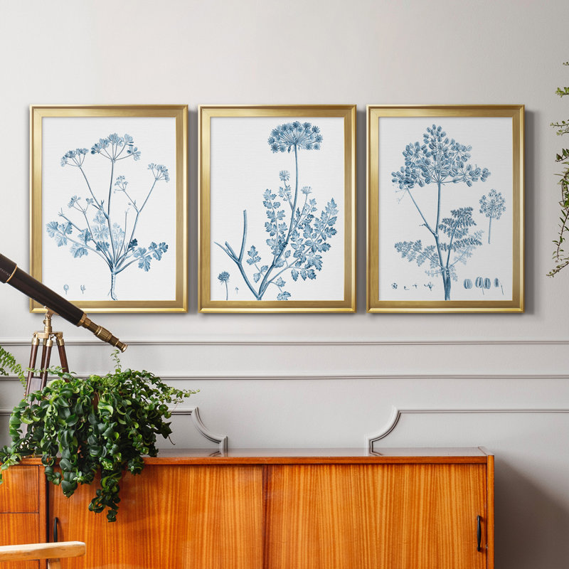 Antique Botanical In Blue IV - Ensemble de 3 peintures sur toile encadrées, Doré, H 18,5 po x l 73,5 po x P 1,5 po
