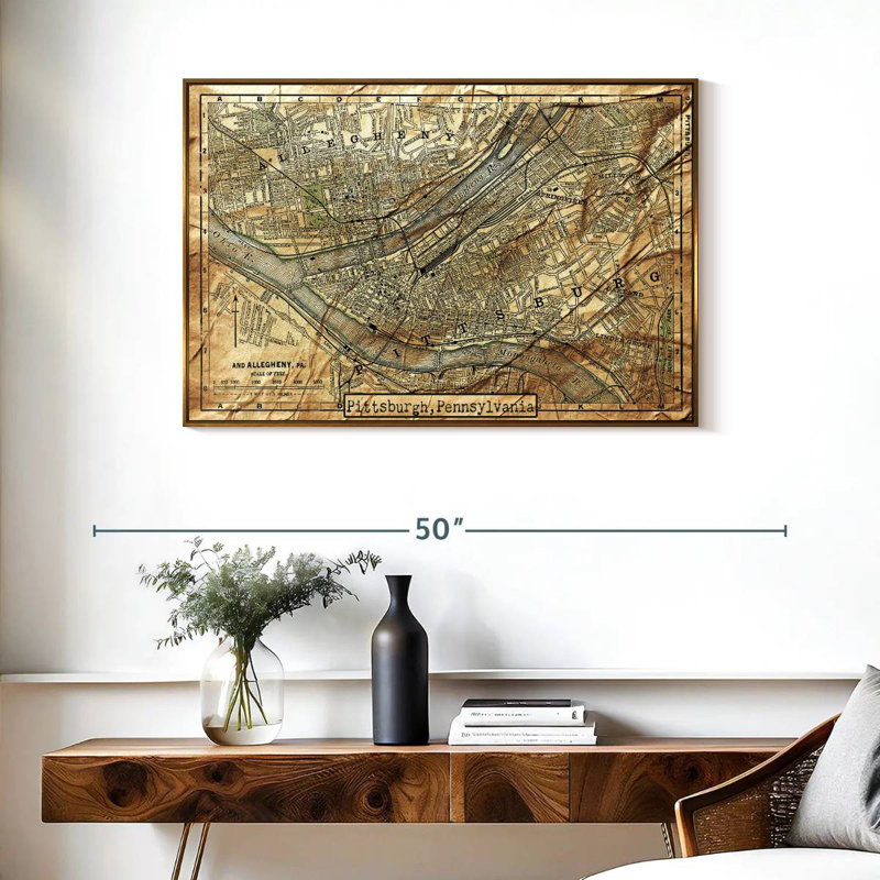 Carte rétro de la ville de Pittsburgh, Cadre flottant doré, 37 po x 25 po