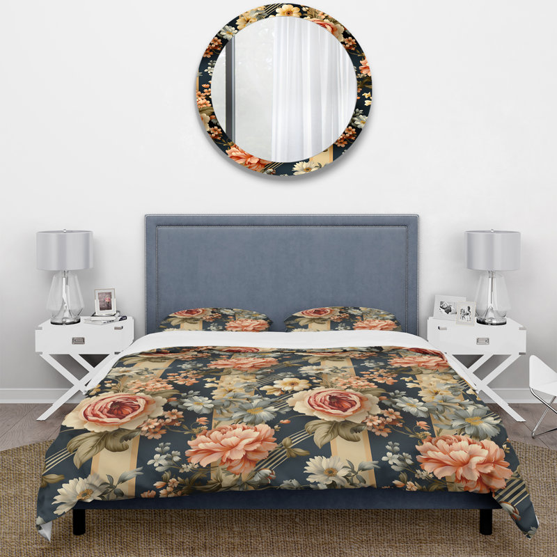 Literie de pivoines élégantes pêche et bleu chic, Housse de couette pour très grand lit et 2 très