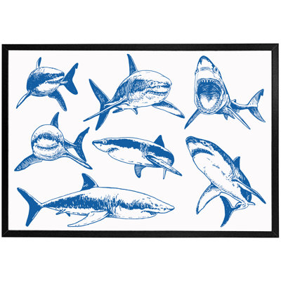 Dampier Graphical Set Of Blue Sharks Isolated On White Background - Single Picture Frame Print