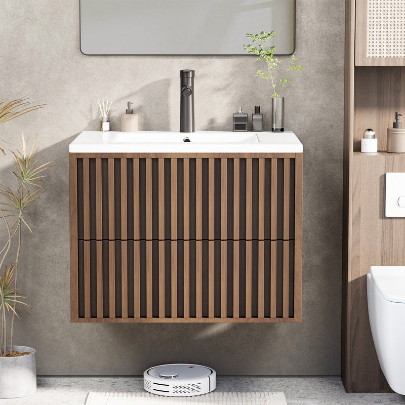 Ensemble de meuble-lavabo mural 24 po avec lavabo et meuble-lavabo mural 24 po avec 2 tiroirs cannelés, glissières silencieuses, robinet et bonde réglable en noyer