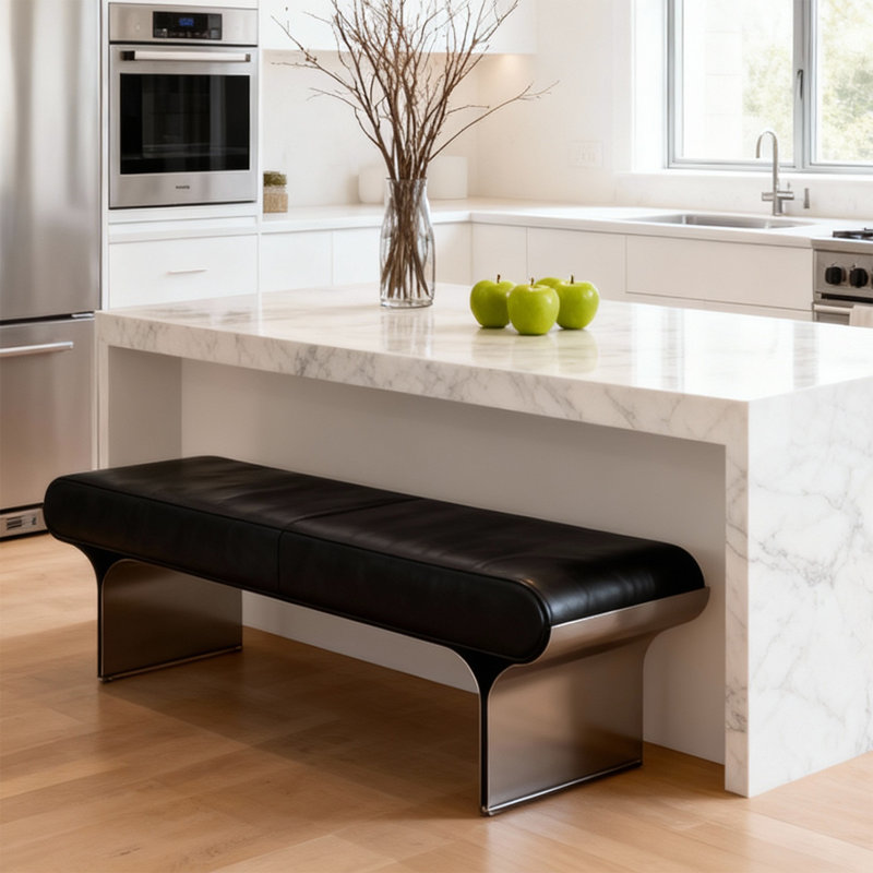 Banc de bout de lit 55,25 po en acier inoxydable noir et argent à usage domestique, 17.72" H x 55.12" W x 15.75" D