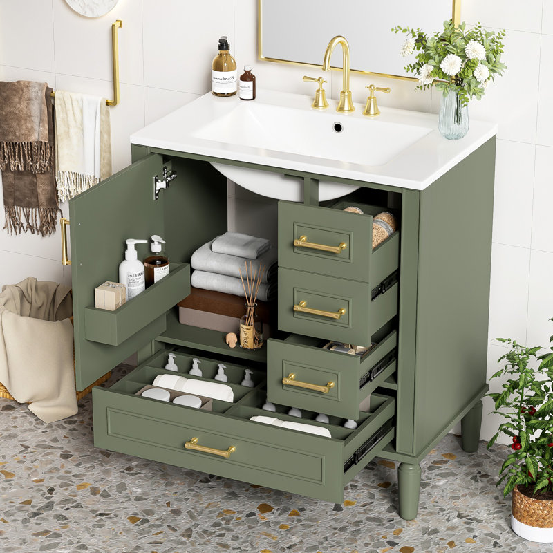 Meuble-lavabo 30 po avec lavabo en céramique, Vert olive