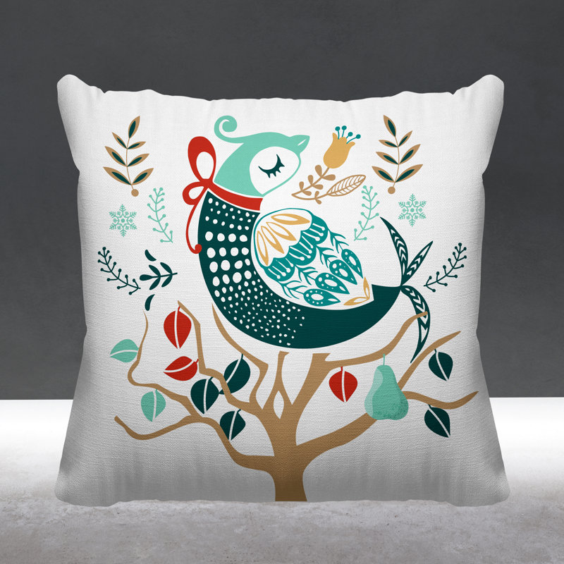 Coussin intérieur / extérieur scandinave Patridge On A Pear Tree, L 15 po x H 15 po, Vert