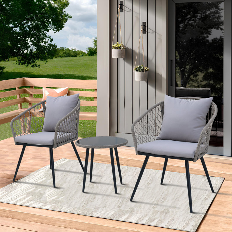3-Piece Outdoor Patio Bistro Set – Modern Wicker Conversation Chairs with Glass Table & Cushions, Gray, Gray
