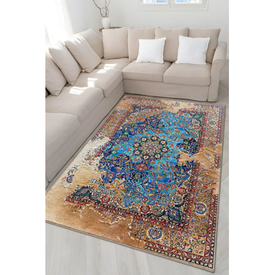 Tapis bleu lavable décoratif à motif abstrait traditionnel bleu