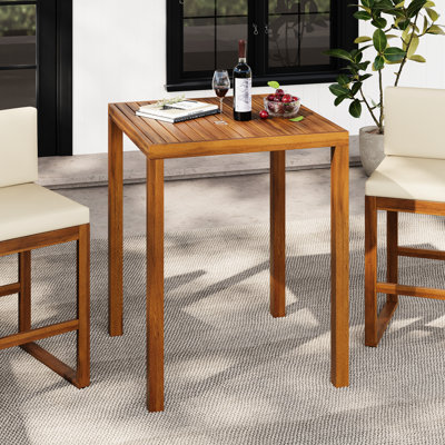 Table de bar d'extérieur en bois, conception rectangulaire, plateau de table à lattes, 39,5 pouces de hauteur, couleur principale, profondeur et largeur de 31,5 po, poids de 28,7 lb, aspect naturel, pieds fuselés, finition complémentaire, intempéries