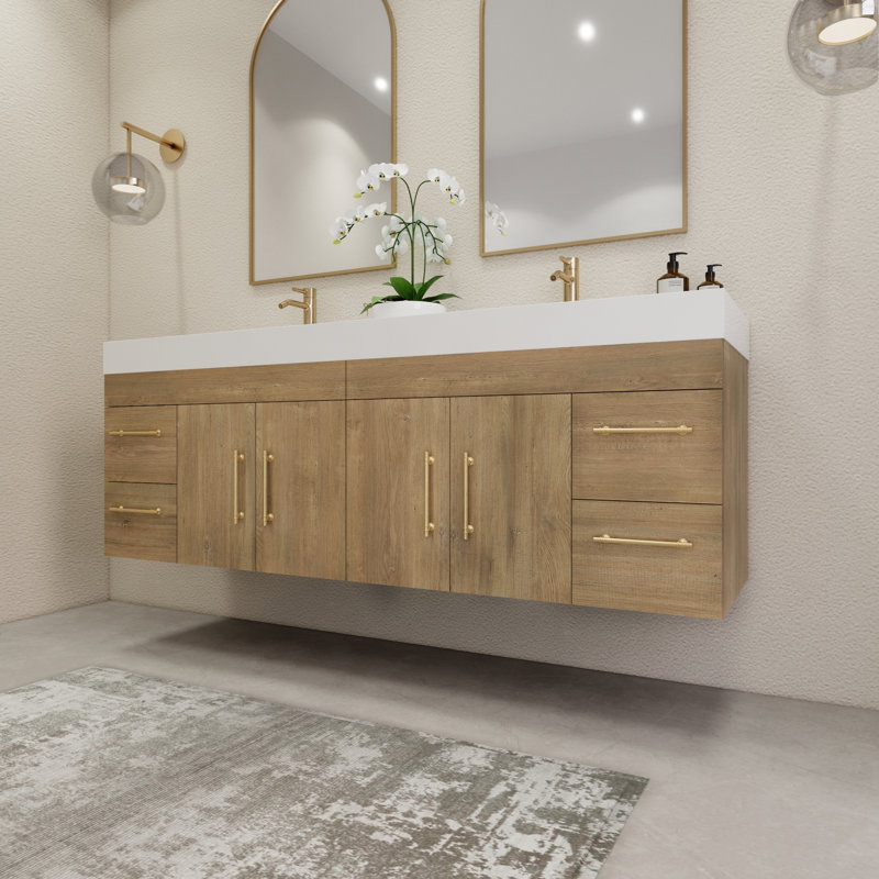70.8" Wall-Mounted Double Bathroom Vanity Set, Oak
