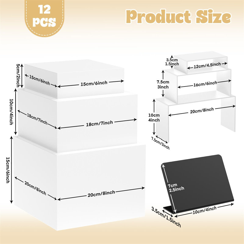 6Pcs Buffet Risers, 3 Set White Acrylic Display Boxes With Display Stand
