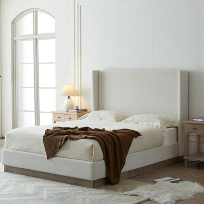 King Bed With 53.1" High Cream White Boucle Upholstered Wingback, Minimalist Rustic Design, No Box Spring Bed, Size, Headboard, Contemporary Aesthetic