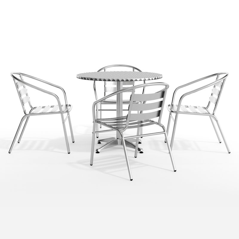 Johannette Round Aluminum Indoor-Outdoor Restaurant Dining Table Set with 4 Slat Back Chairs, 31.5" D x 31.5" W x 27.25" H