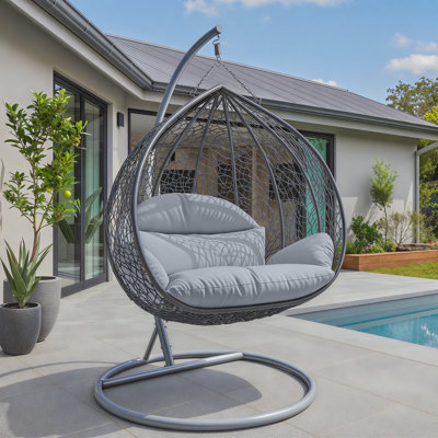 Fauteuil à œufs suspendu en forme de larme pour 2 personnes avec support et coussins en acier - Causeuse double en osier toutes saisons pour patio intérieur et extérieur