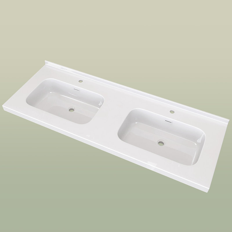 Solid Surface 60'' W X 22'' D Double Sinks Vanity Top Resin Stone Rectangular Sink Countertop in White with Pre-drilled Faucet Holes & 1.38 in. H Backsplash
