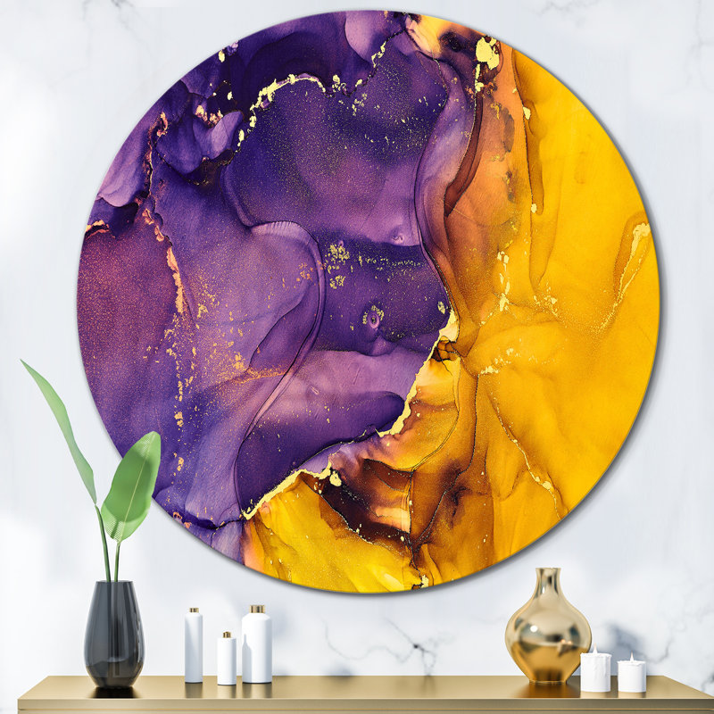 Mauve et or, art abstrait fluide de luxe II - cercle moderne en métal, art mural, H 11 po x l 11 po x P 1 po