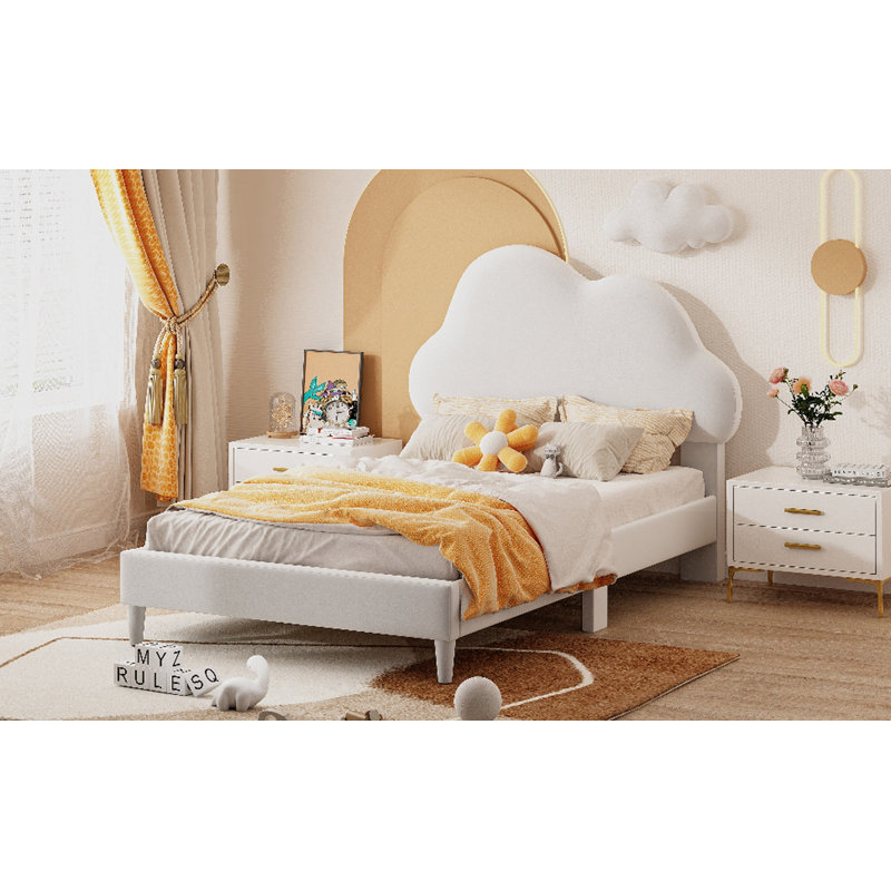 Twin Size Upholstered Cloud-Shape Bed ,Velvet Platform Bed With Headboard,No Box-Spring Needed