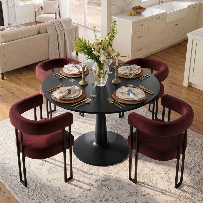 4 - Person Dining Table Sets With Round Table & 4 Upholstered Velvet Chairs, Burgundy