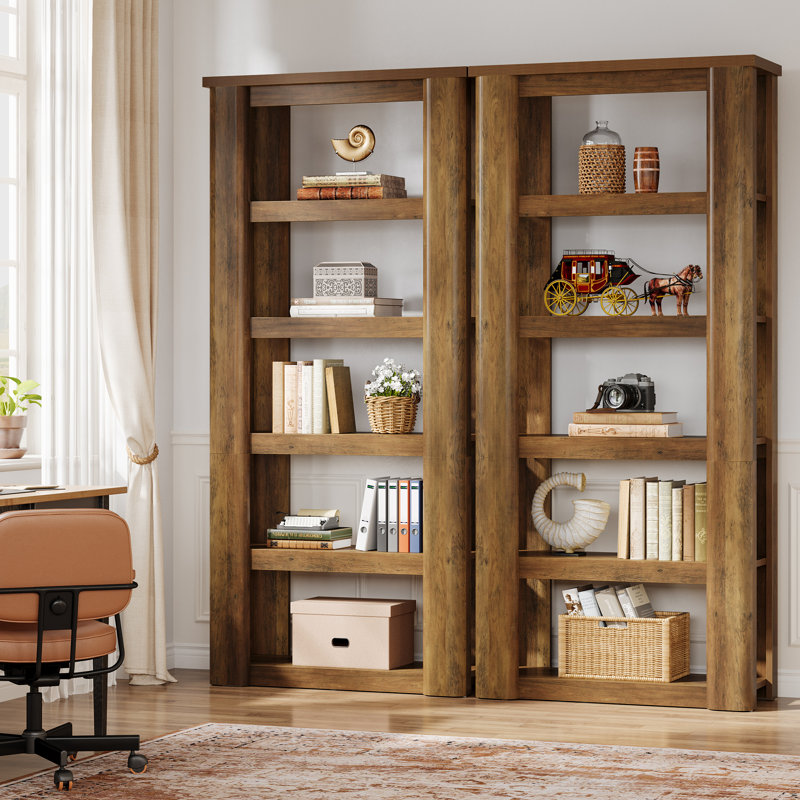 Ensemble de 2 bibliothèques ouvertes de 5 étages de 71 po de hauteur avec bibliothèque en grain de bois rétro pour le salon, le bureau personnel et une tablette de rangement brun rustique