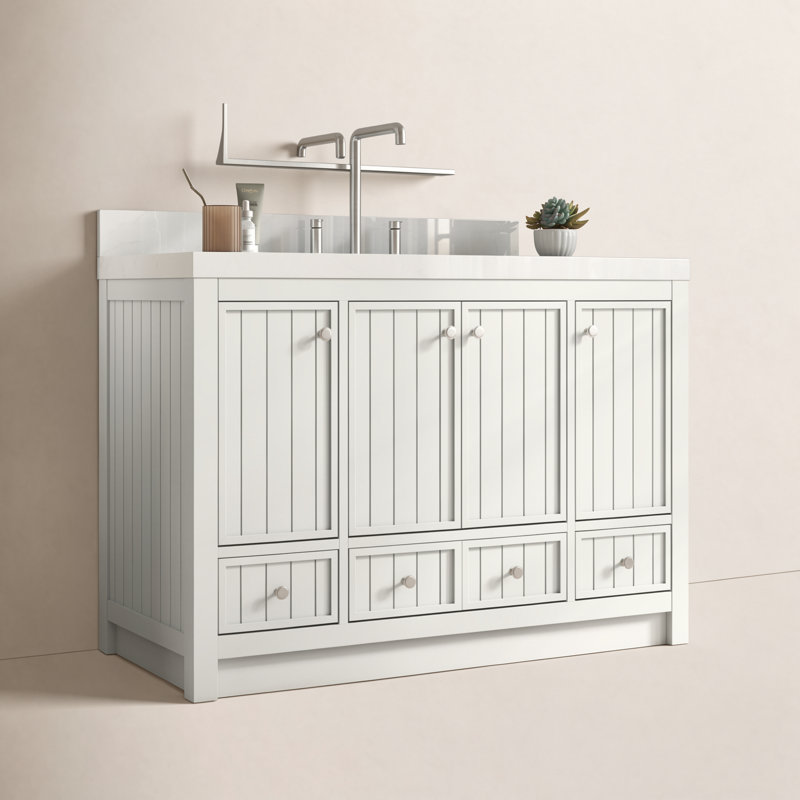 Meuble-lavabo 48 po avec comptoir en quartz blanc Thassos Aula, Blanc perle