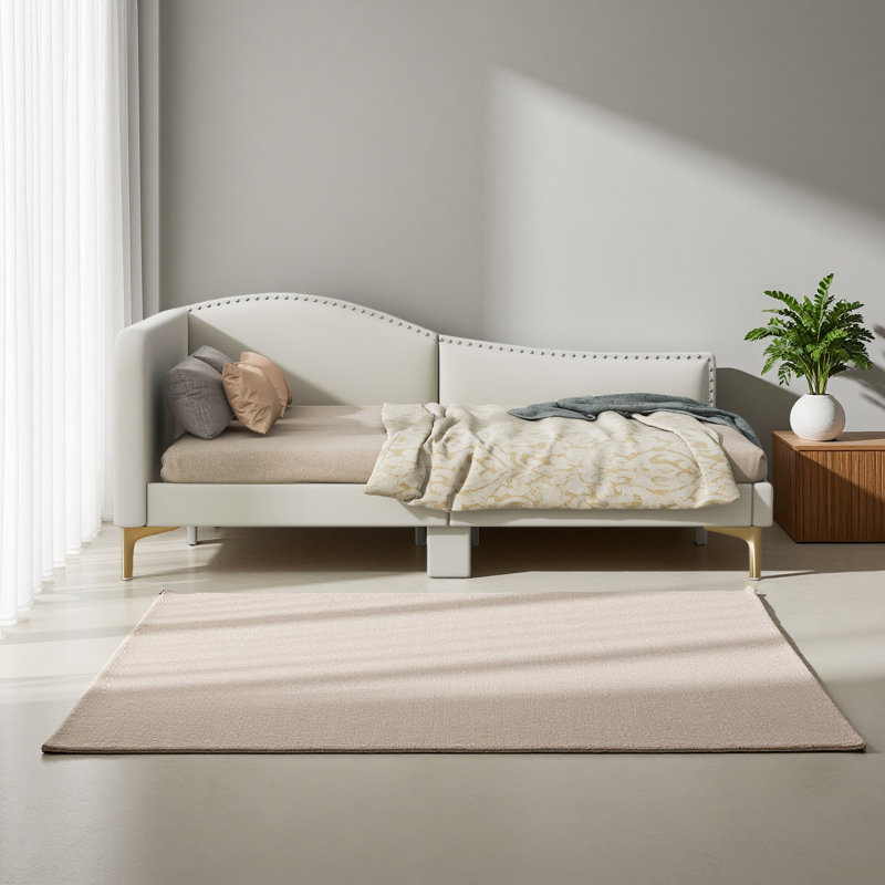 Upholstered Daybed With Headboard And Armrest, Support Legs, Beige, Full / Double