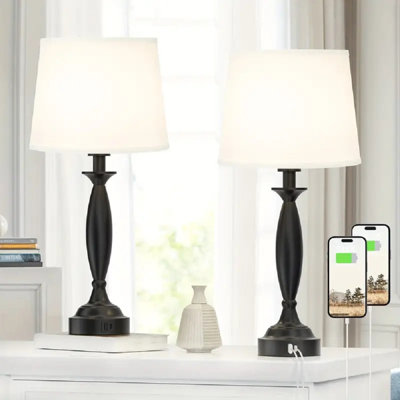 Set Of 2, Touch Control Table Lamps With USB-A+C Ports, Modern Style Bedside Lamps With White Lampshade And Balck Metal Base For Living Room, Bedroom, Dorm, 2 Bulbs Included