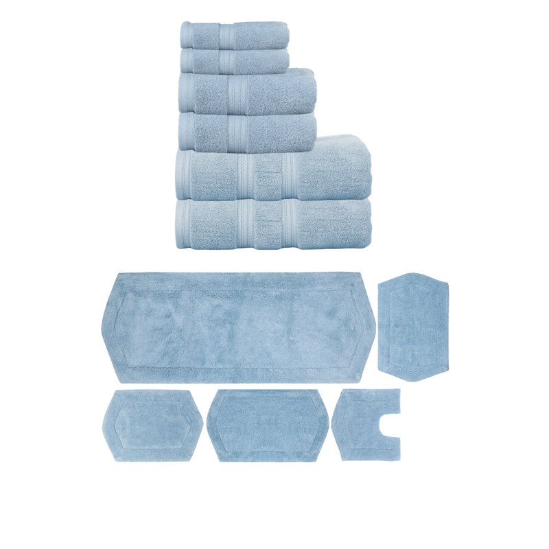 Bryd Collection 100% Soft Cotton 6 Pc Towel Set & 5 Pc Bath Rug Set, (Set of 11), Blue