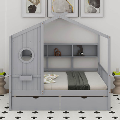 Wooden House Bed With Storage Shelf And Drawers