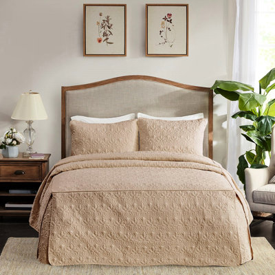 Ensemble de couvre-lit 3 pièces en kaki très grand - coins fendus plissés, microfibre douce, rembourré, matériau, tissu en microfibre, rembourrage 100%, literie