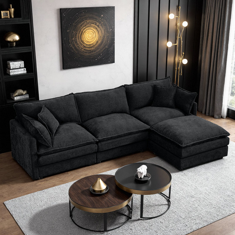 Canapé modulaire modulaire en L à 3 places avec repose-pieds, revêtement en chenille, configurable pour le bricolage, Cloud Comfort, beige