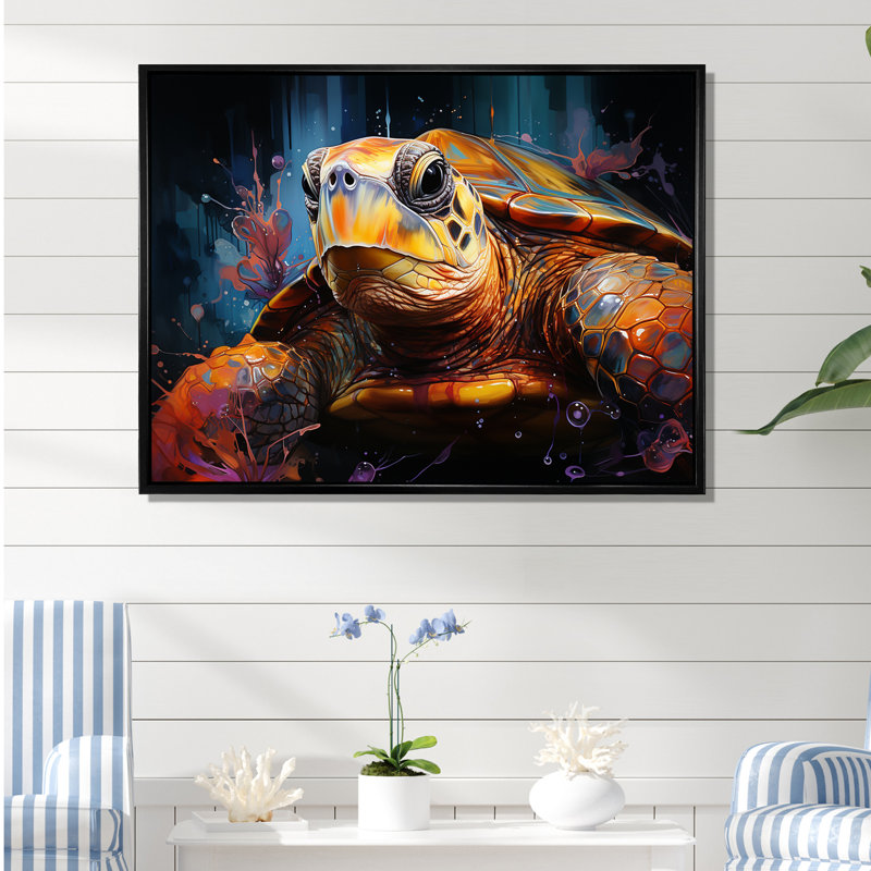 Représentation pop art d'une tortue, Cadre flottant noir, H 12 po x l 20 po x P 1 po