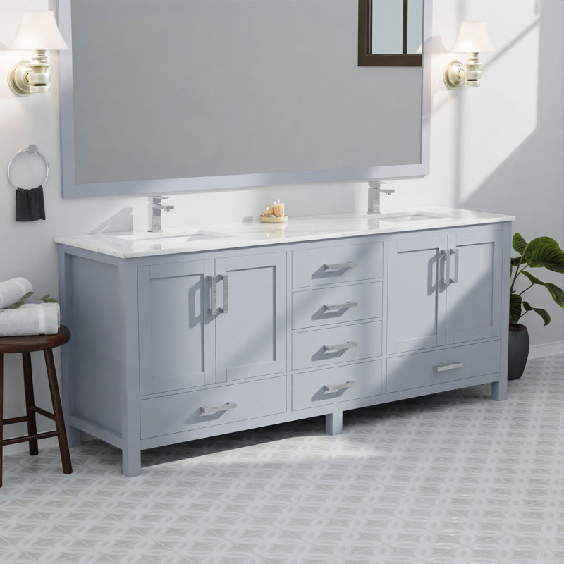 Meuble-lavabo double gris foncé 84 po X P 22 po D, dessus en marbre de Carrare et ensemble de robinet, Gris foncé