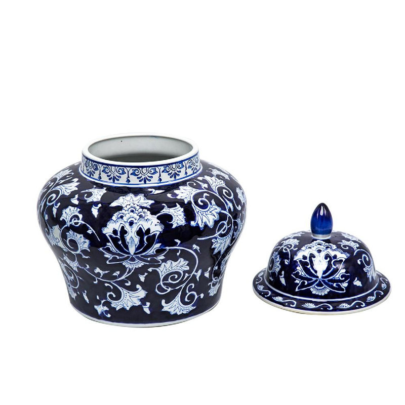 Blue and White Floral Porcelain Ginger Jar with Lid, 17 Inch