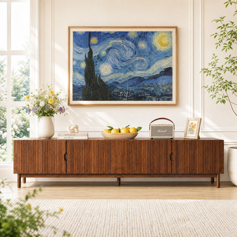 Meuble télé moderne de 220 cm (86,6 po) pour téléviseurs jusqu'à 229 cm (90 po) avec rangement à 4 portes, noyer