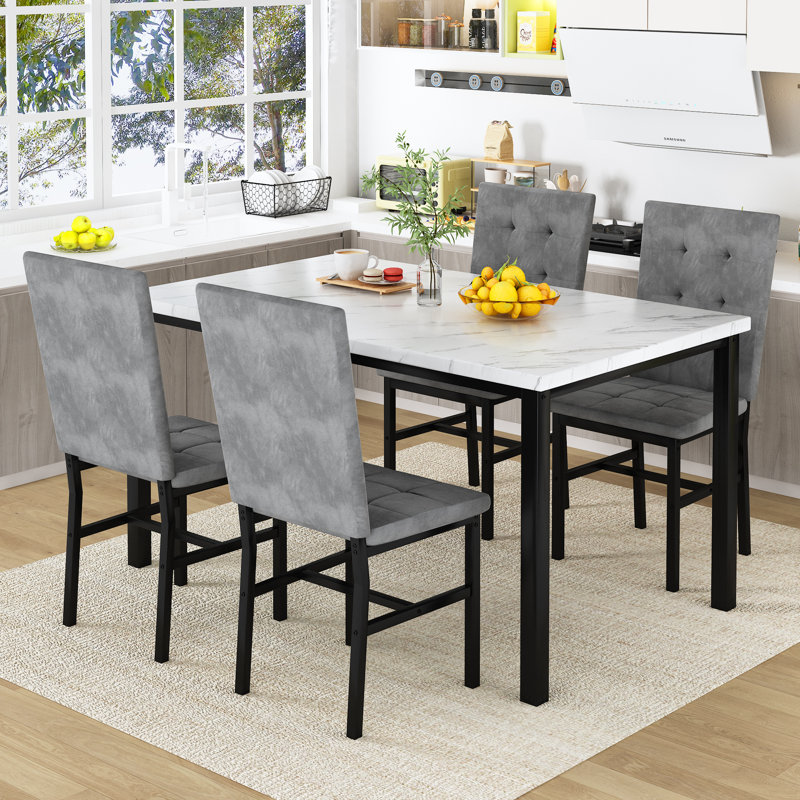 Modern Faux Marble Dining Table Set for 4, Gray, Black