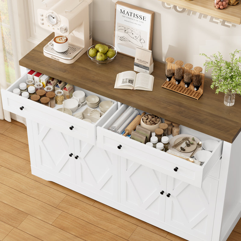 55.1" W Sideboard with 4 Drawers, Thickened Desktop, Rustic Brown/White