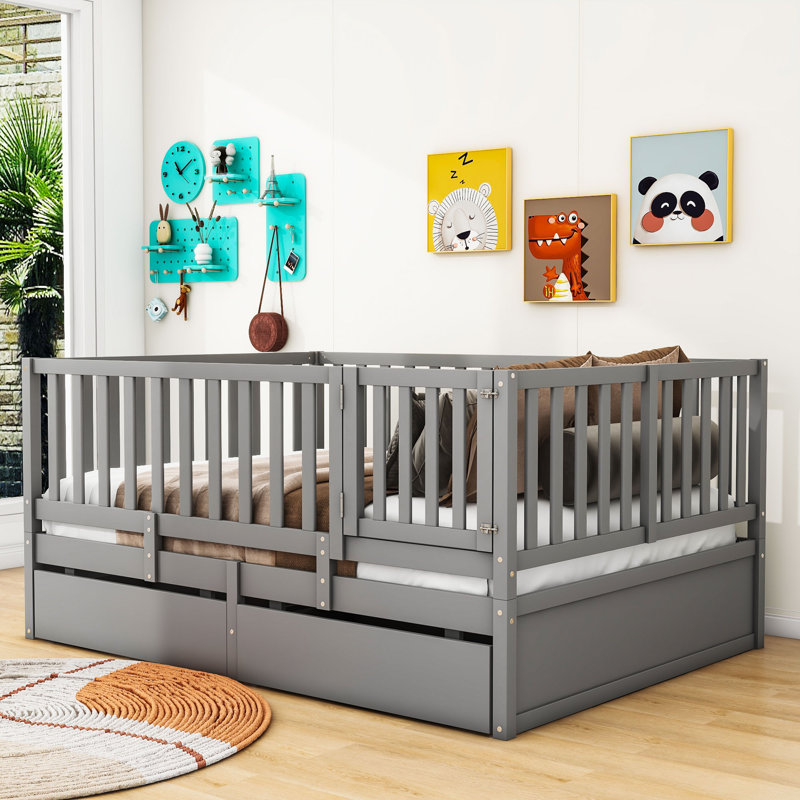 Storage Wooden Floor Bed with Guardrails and 2 Drawers, Gray, Full