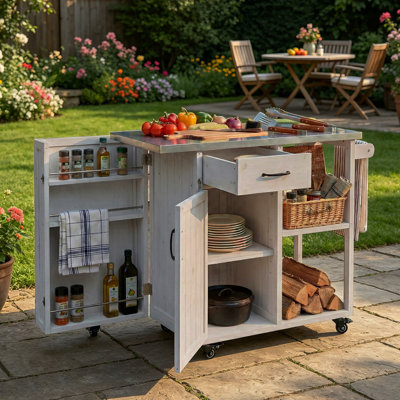 Îlot de cuisine en bois massif avec plateau en acier inoxydable, chariot de cuisine verrouillable avec grand espace de rangement, porte-serviettes et porte-épices pour le patio et l'extérieur