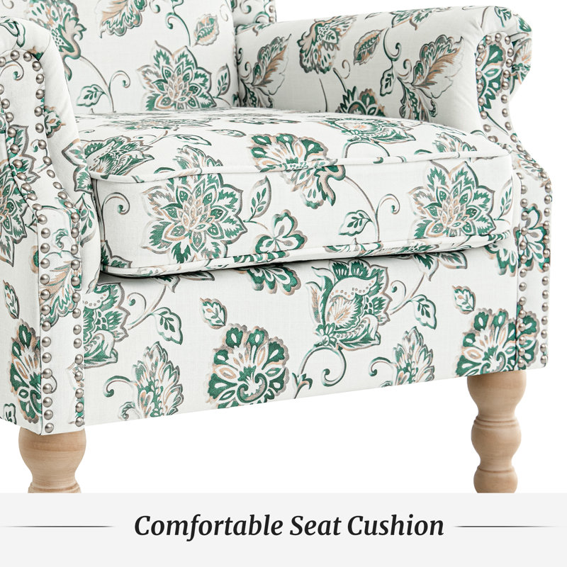 Fauteuil d'appoint à oreilles Chloris, fauteuil rembourré en lin avec garniture cloutée, pieds en bois massif tourné, fauteuil de lecture de style maison de campagne