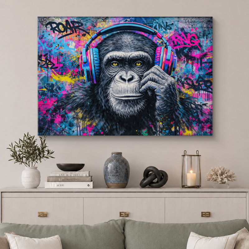 Chimpanzé, casque d'écoute, graffiti, H 24 po x l 36 po x P 1,5 po, Toile tendue