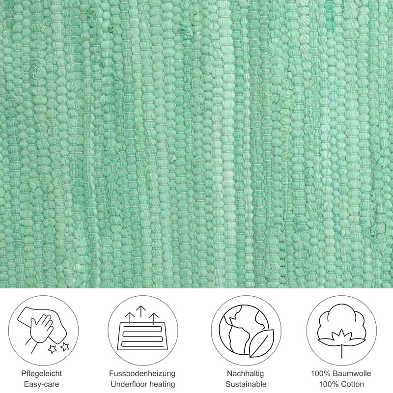 Handmade Happy cotton rug in mint, Rectangle 160 x 230cm