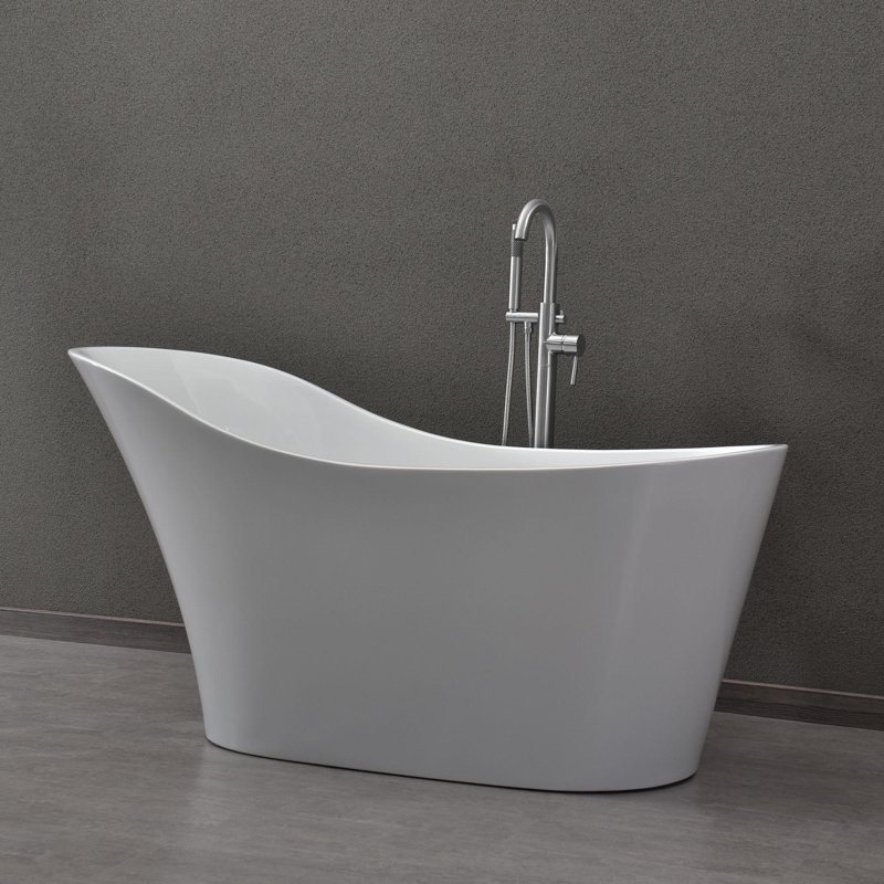 59" x 28" Freestanding Soaking Acrylic Bathtub with Reversible Drain, White/Chrome