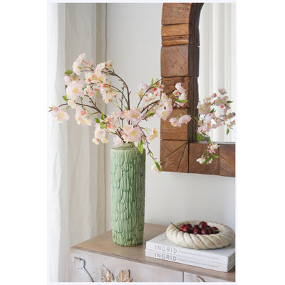 Grand vase cylindrique en céramique de 13,8 po de hauteur avec motif texturé vert